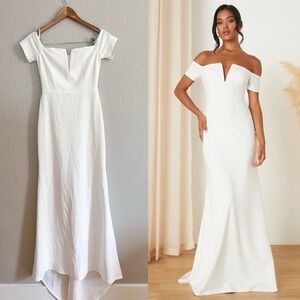Lulus loveliest Aura White Off the Shoulder Dress Gown Wedding Size medium